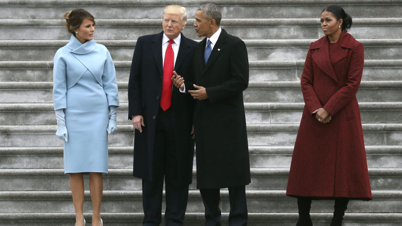 Melania and Donald Trump with Barack and Michelle Obama at Trump’s inauguration last January (Pool photo)
